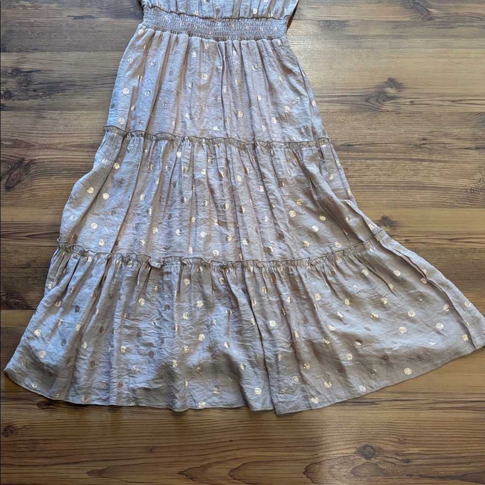 Sleeveless Tan Dress with Copper Polka Dots - Picture 4 of 4